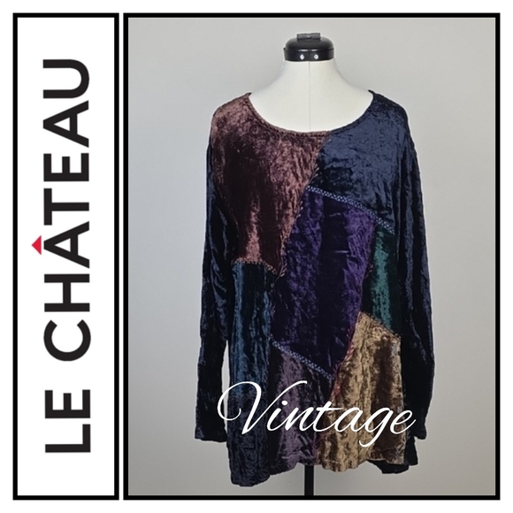 Le Château Vintage 90s Patchwork Velvet Long Sleeve Top – Size M - Picture 1 of 7